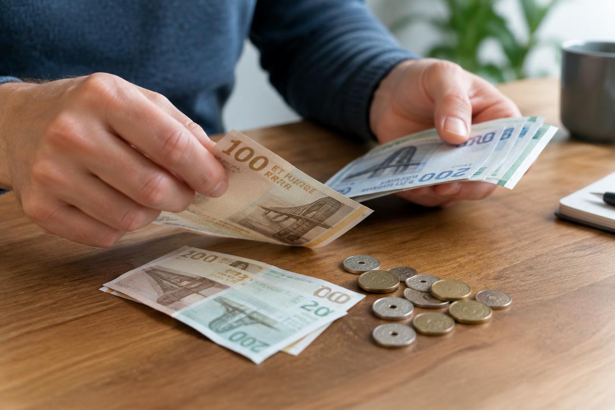 Hænder tæller danske pengesedler og mønter ved bordet.