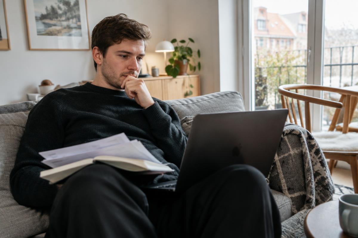 En ung mand overvejer sin økonomi med computer og regninger i sofaen.