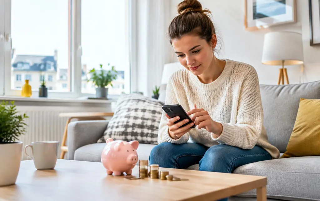Ung kvinde sammenligner lånepriser på mobilen med en sparegris på bordet
