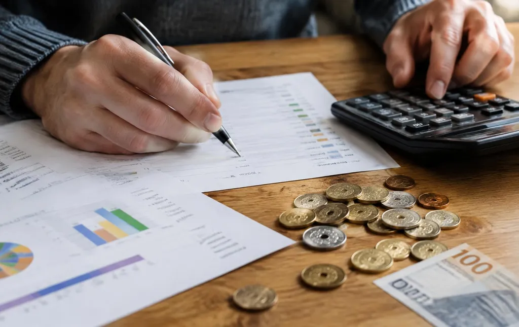 Hænder med pen og lommeregner over budget og danske mønter