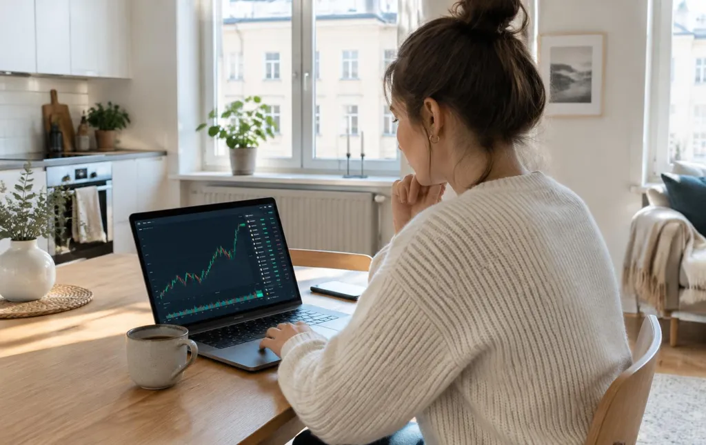 Kvinde ved køkkenbord ser på kursgraf i en investeringsapp