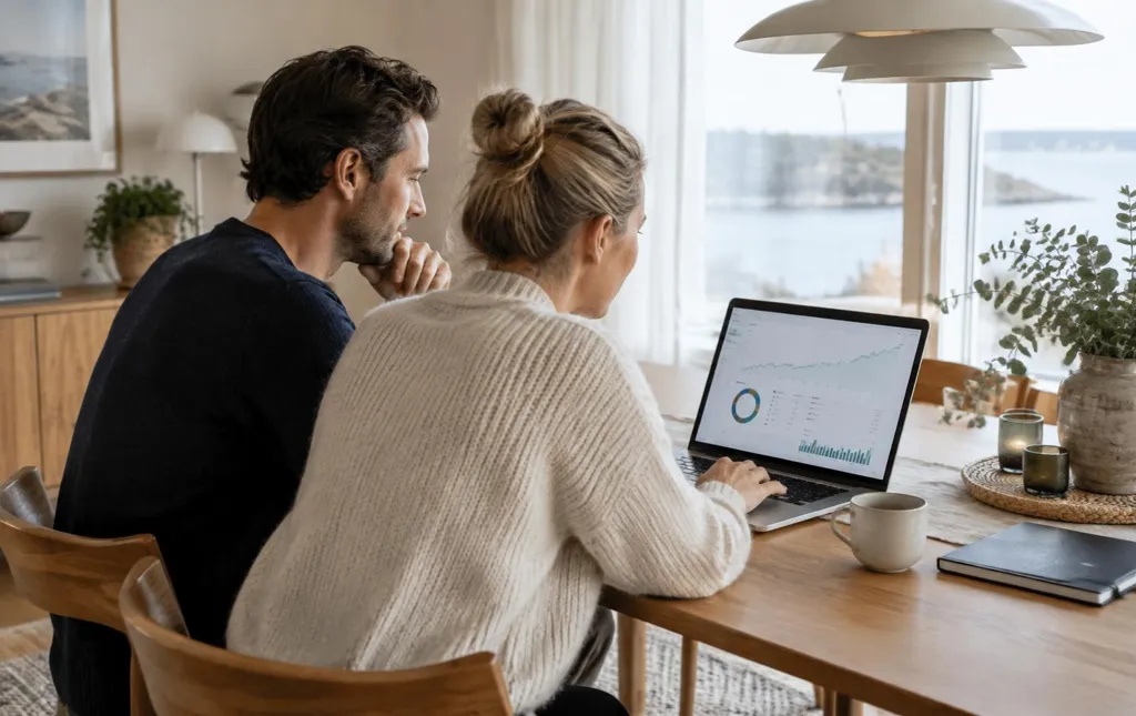 Par der sammen gennemgår deres investeringsportefølje på en bærbar computer