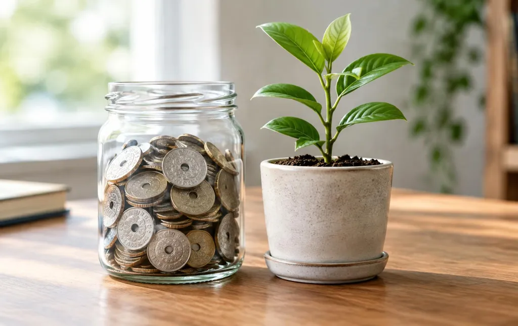 Glas med danske mønter og en lille plante som symbol på skatteeffektiv opsparing