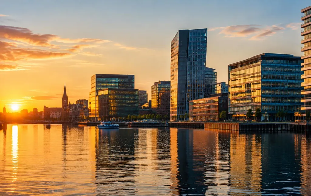 Moderne kontorbygninger ved havnefronten i solnedgang
