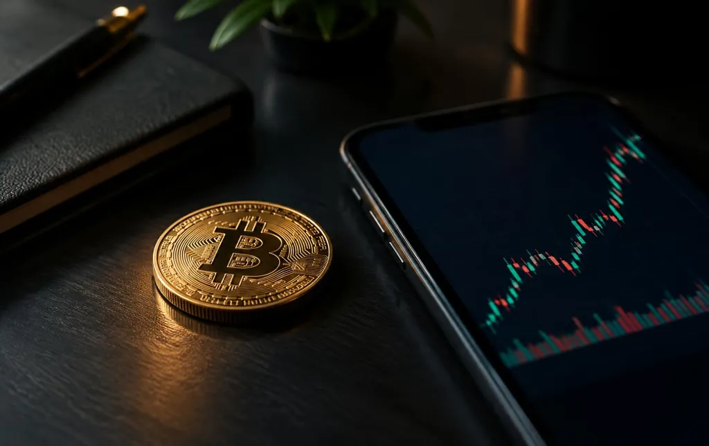 Guld-bitcoinmønt ved mobil med kursgraf
