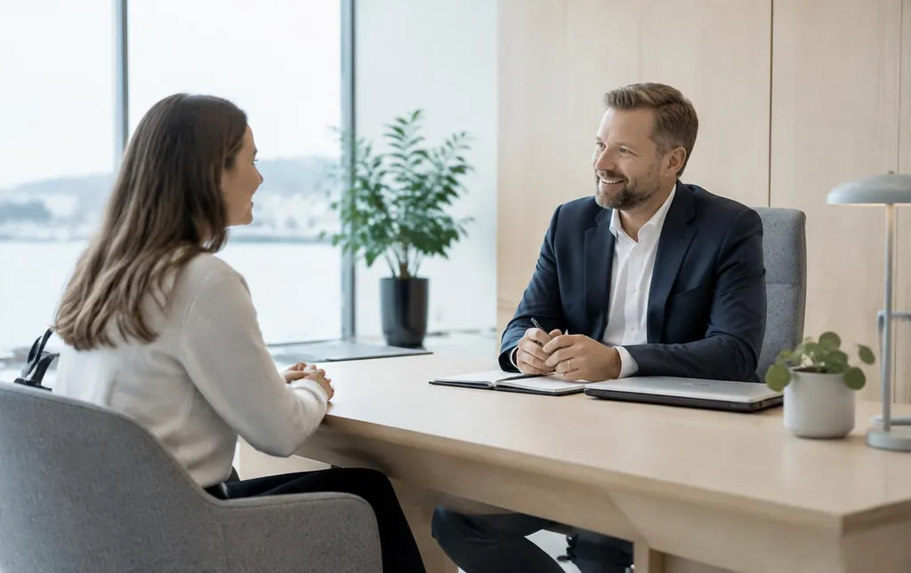 Kvinde taler med en bankrådgiver om omlægning af sit lån