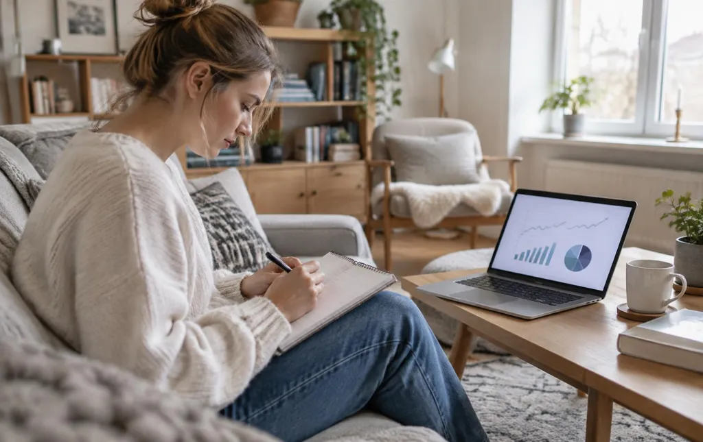 Kvinde tager noter om investering i sofaen med bærbar