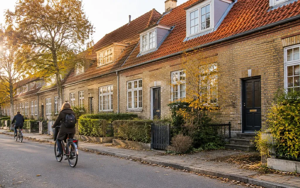 Rækkehuse på en stille dansk villavej i efterårssol
