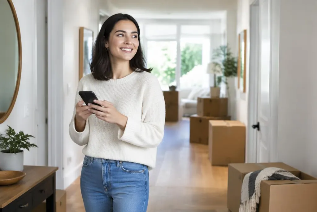En kvinde smiler med telefonen i hånden i sin nye lejlighed.